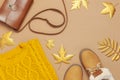 Brown leather women bag, orange knitted sweater, warm boots, golden autumn leaf on brown background top view flat lay. Fashionable Royalty Free Stock Photo