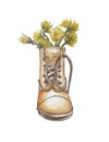 Brown left boot like a dandelion vase Royalty Free Stock Photo