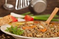 Brown lentil stew with vegetable and bread Royalty Free Stock Photo