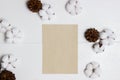 Brown letter with cotton flowers and pine cones over the white wooden table. Royalty Free Stock Photo