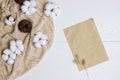 Brown letter with cotton flowers and pine cones over the white wooden table. Royalty Free Stock Photo