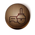 Brown line Angle grinder icon isolated on white background. Wooden circle button. Vector