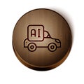 Brown line Autonomous artificial Intelligence smart car icon isolated on white background. Wooden circle button. Vector Royalty Free Stock Photo