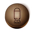 Brown line Aviation bomb icon isolated on white background. Rocket bomb flies down. Wooden circle button. Vector