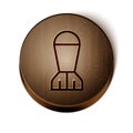 Brown line Aviation bomb icon isolated on white background. Rocket bomb flies down. Wooden circle button. Vector