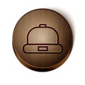 Brown line Beanie hat icon isolated on white background. Wooden circle button. Vector