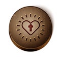 Brown line Christian cross and heart icon isolated on white background. Happy Easter. Wooden circle button. Vector Royalty Free Stock Photo