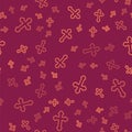 Brown line Christian cross icon isolated seamless pattern on red background. Church cross. Vector Royalty Free Stock Photo