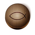 Brown line Christian fish symbol icon isolated on white background. Jesus fish symbol. Wooden circle button. Vector