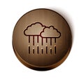 Brown line Cloud with rain icon isolated on white background. Rain cloud precipitation with rain drops. Wooden circle