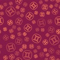 Brown line Gemini zodiac sign icon isolated seamless pattern on red background. Astrological horoscope collection
