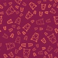 Brown line Hippo or Hippopotamus icon isolated seamless pattern on red background. Animal symbol. Vector