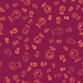 Brown line Map pointer with bowling ball icon isolated seamless pattern on red background. Sport equipment. Vector Royalty Free Stock Photo