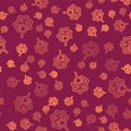 Brown line Microorganisms under magnifier icon isolated seamless pattern on red background. Bacteria and germs, cell Royalty Free Stock Photo