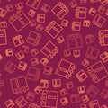Brown line Notebook icon isolated seamless pattern on red background. Spiral notepad icon. School notebook. Writing pad