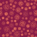 Brown line Peace icon isolated seamless pattern on red background. Hippie symbol of peace. Vector