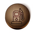 Brown line Petrol or gas station icon isolated on white background. Car fuel symbol. Gasoline pump. Wooden circle button Royalty Free Stock Photo