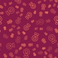 Brown line Radioactive in location icon isolated seamless pattern on red background. Radioactive toxic symbol. Radiation