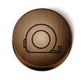 Brown line Roulette construction icon isolated on white background. Tape measure symbol. Wooden circle button. Vector