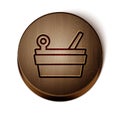 Brown line Sauna bucket and ladle icon isolated on white background. Wooden circle button. Vector Royalty Free Stock Photo