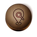 Brown line Search location icon isolated on white background. Magnifying glass with pointer sign. Wooden circle button Royalty Free Stock Photo