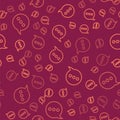 Brown line Speech bubble chat icon isolated seamless pattern on red background. Message icon. Communication or comment