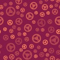 Brown line Steering wheel icon isolated seamless pattern on red background. Car wheel icon. Vector