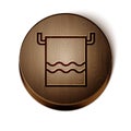 Brown line Towel on a hanger icon isolated on white background. Bathroom towel icon. Wooden circle button. Vector