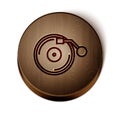 Brown line Vinyl player with a vinyl disk icon isolated on white background. Wooden circle button. Vector