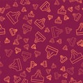 Brown line Volcano icon isolated seamless pattern on red background. Vector