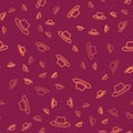 Brown line Western cowboy hat icon isolated seamless pattern on red background. Vector