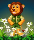 Brown Lion With Rocks And White Ivy Flower Cartoon