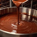 Brown liquid melted chocolate swirl pouring into metallic container. Sweets production close up, cooking, confectionery