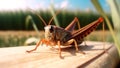 A brown locust grasshopper close portrait in the fields of wheat. Generative AI