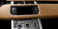 Brown luxury modern car Interior. Shift lever and dashboard. Detail of modern car interior. Automatic gear stick. Part of leather