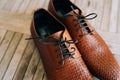 Brown man shoes with laces on wooden background Royalty Free Stock Photo