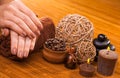 Brown manicure on a bamboo background