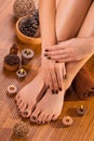 Brown manicure and pedicure on the white