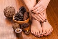 Brown manicure and pedicure on the white Royalty Free Stock Photo