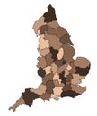 Brown Map of England with borders of the ceremonial counties and different colour. United Kingdom, Britain, UK Royalty Free Stock Photo