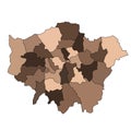 brown map of Greater London is a region of England, with borders of the ceremonial counties or boroughs and different colour Royalty Free Stock Photo