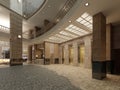 Brown marble and metal elevator hall in an hotel with a large columns. Built-in light in the ceiling