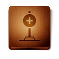 Brown Medical map pointer with cross hospital icon isolated on white background. Wooden square button. Vector