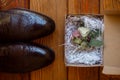 Brown men`s shoes and groom`s boutonniere