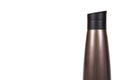 Brown metal thermos, travel mug for hot drinks. . copy space template
