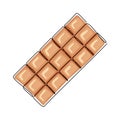 Brown milk chocolate bar, color icon with black one continuous line. Stylized sweet. Hand drawn vector illustration for eco