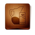 Brown Milk jug or pitcher and glass icon isolated on white background. Wooden square button. Vector