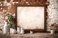 brown mockup poster frame, vintage bricked wall, old 8th century theme AI Generated.