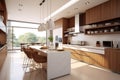 Brown modern kitchen sunny. Generate Ai