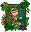 Brown Monkey In Forest With Tropical Plant And Flower Cartoon